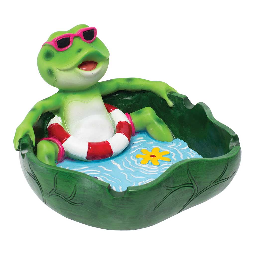 Angled view of the Beach Frog Ashtray with leaf bowl, blue pool, and red life ring