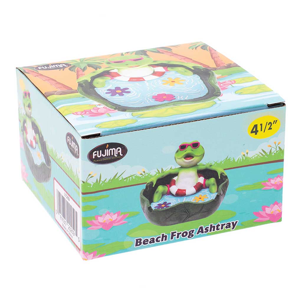 Retail box for the 4.5-inch Beach Frog Ashtray with bright pond scene artwork at Honeybee Herb