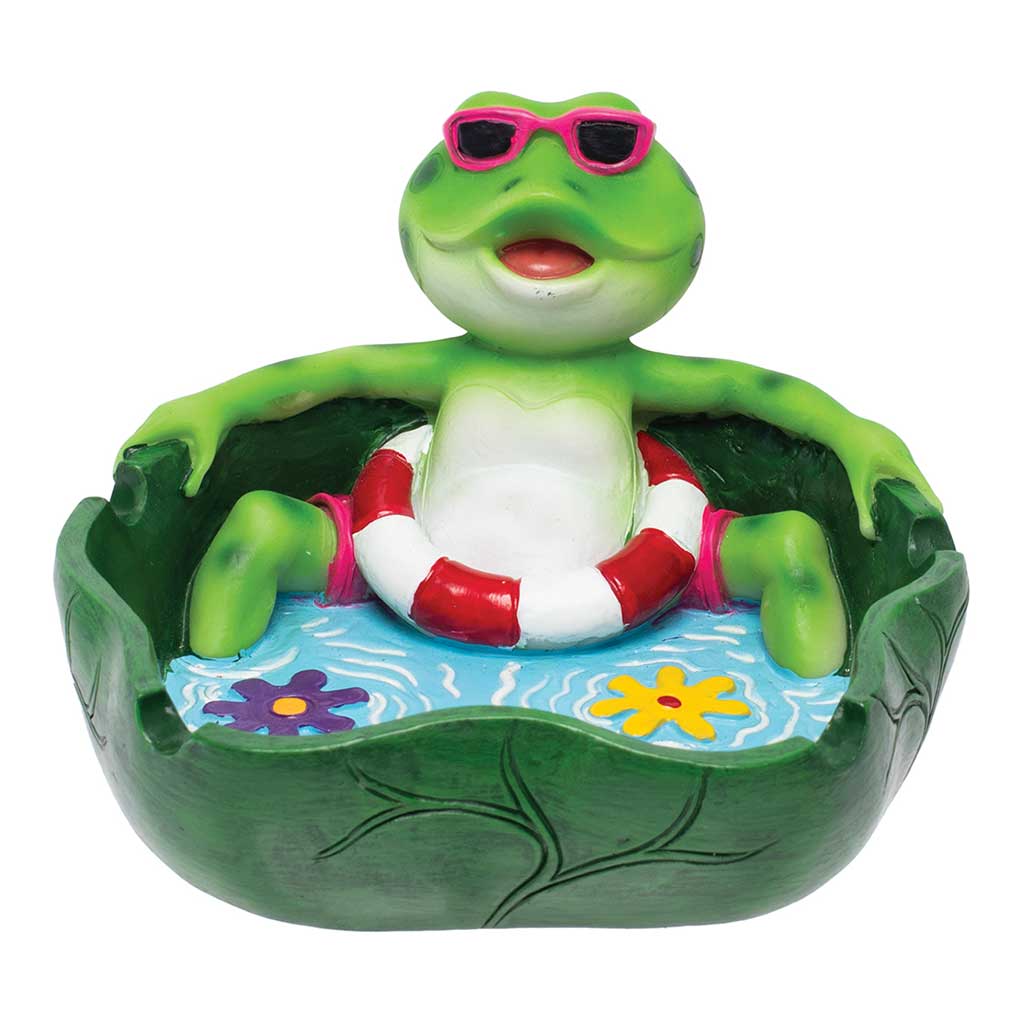 Front view showing the frog in pink shades lounging in a leaf bowl with a rim notch