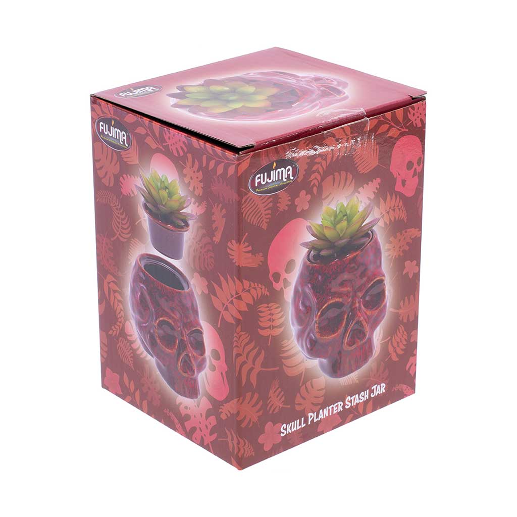 Fujima Skull Planter Stash Jar retail box featuring red skull design and green succulent image.