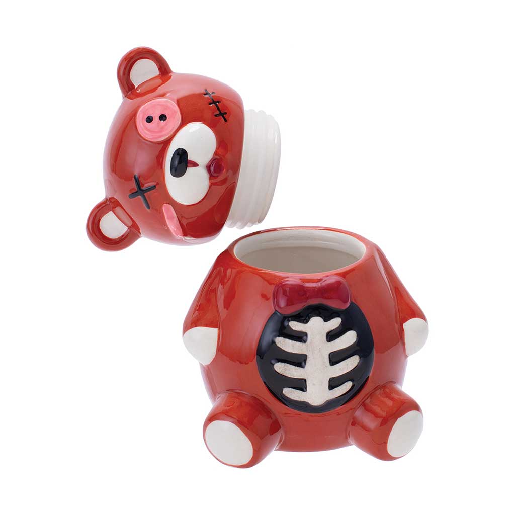 Red ceramic Zombie Scare Bear storage jar shown open with bowl area and purple bow tie.