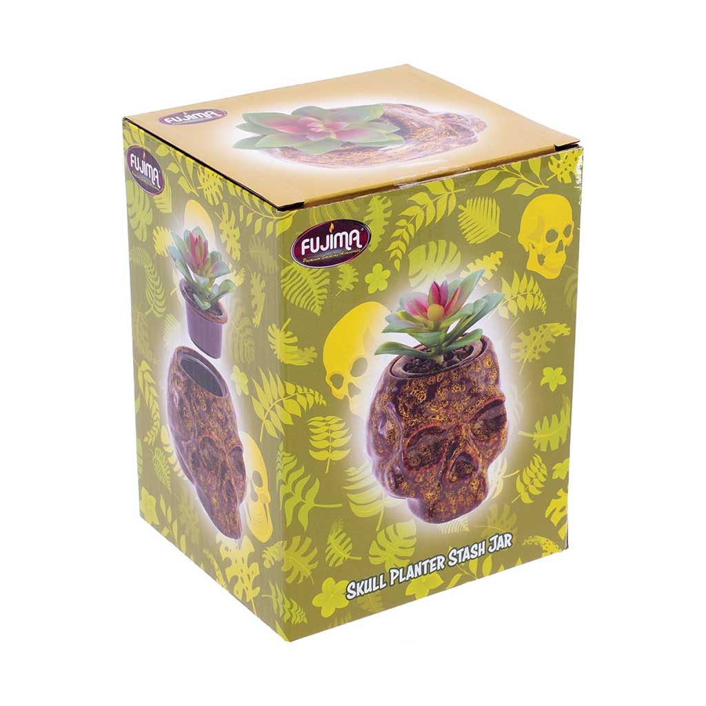 Retail box for the yellow Fujima Skull Planter Stash Jar with succulent graphic and branding