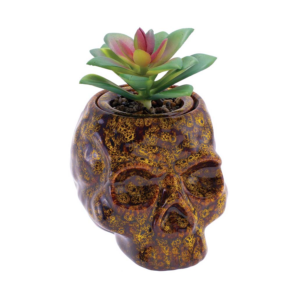 Yellow speckled skull planter stash jar with green faux succulent seated inside, glossy ceramic