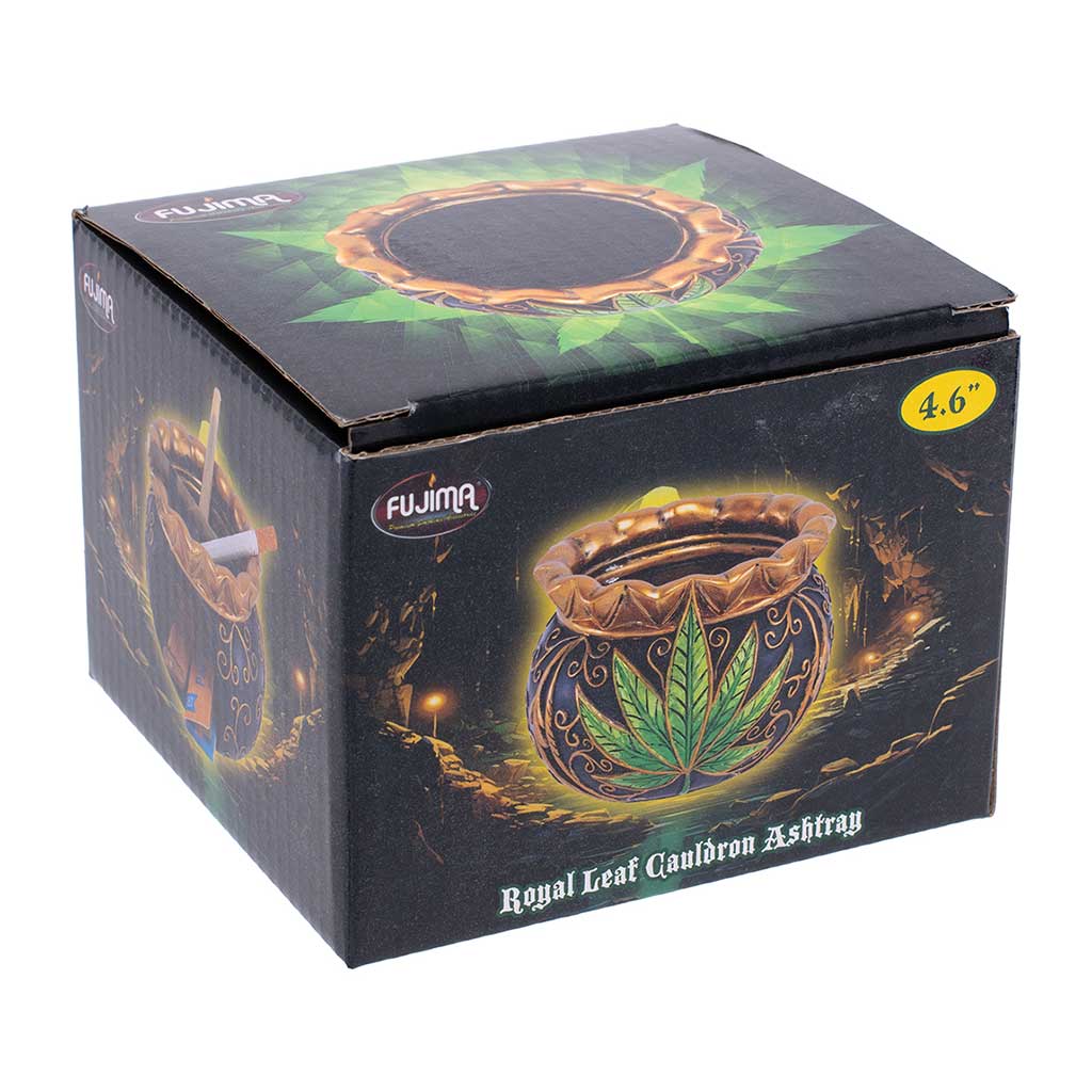 Retail box for the Royal Leaf Cauldron Ashtray, 4.6-inch, with green leaf artwork. 
