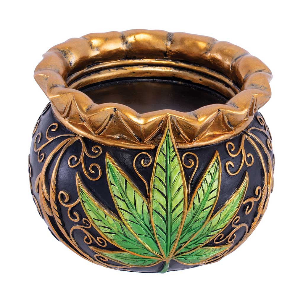 Front angle of the black-and-gold Royal Leaf Cauldron Ashtray with green leaf motif.