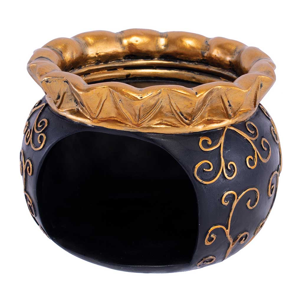 Side view of the black-and-gold Royal Leaf Cauldron Ashtray showing the cauldron cutout. 