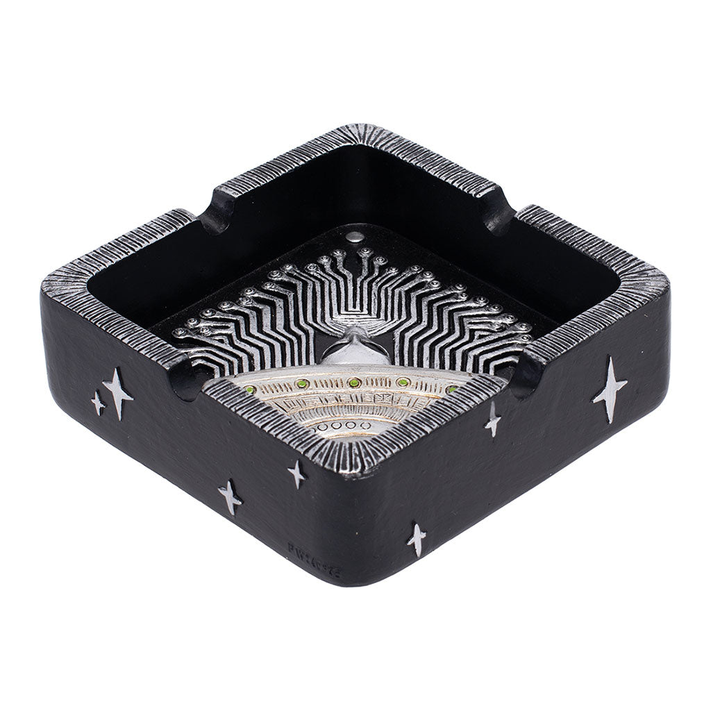 Angled view of the Silver UFO Ashtray with 3D saucer detail and a deep square well