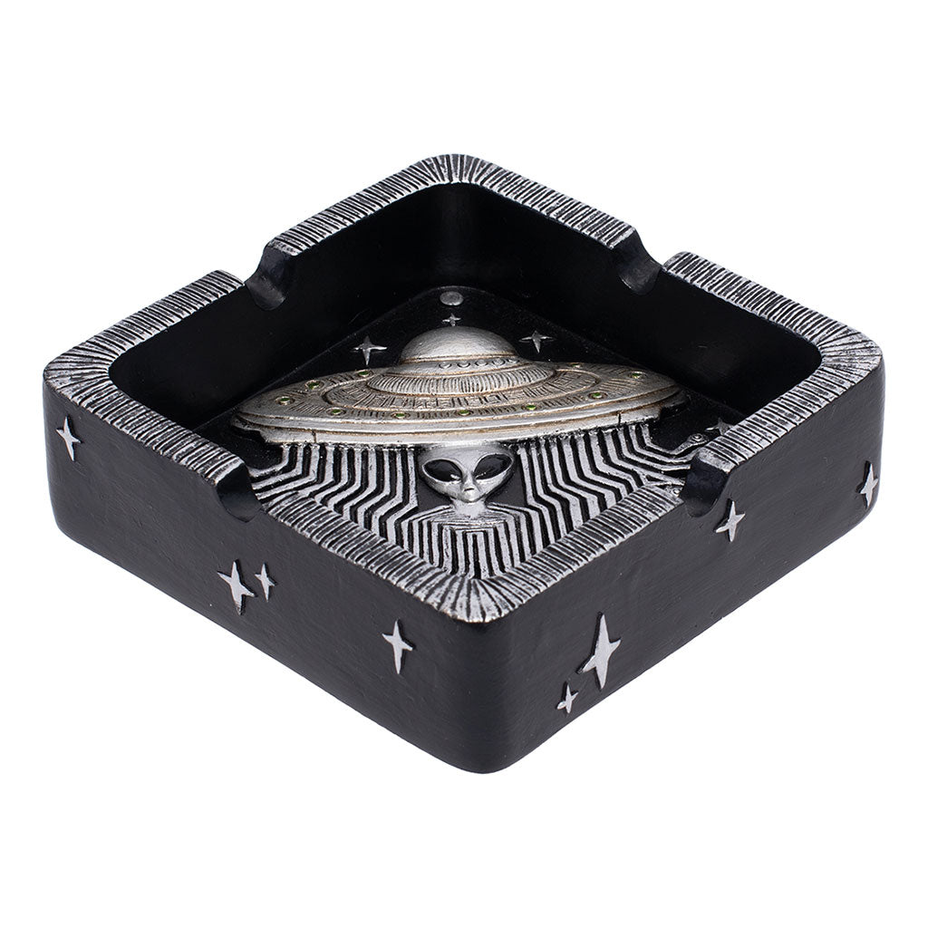 Rear angle of the Silver UFO Ashtray, highlighting four rim notches and silver detailing.