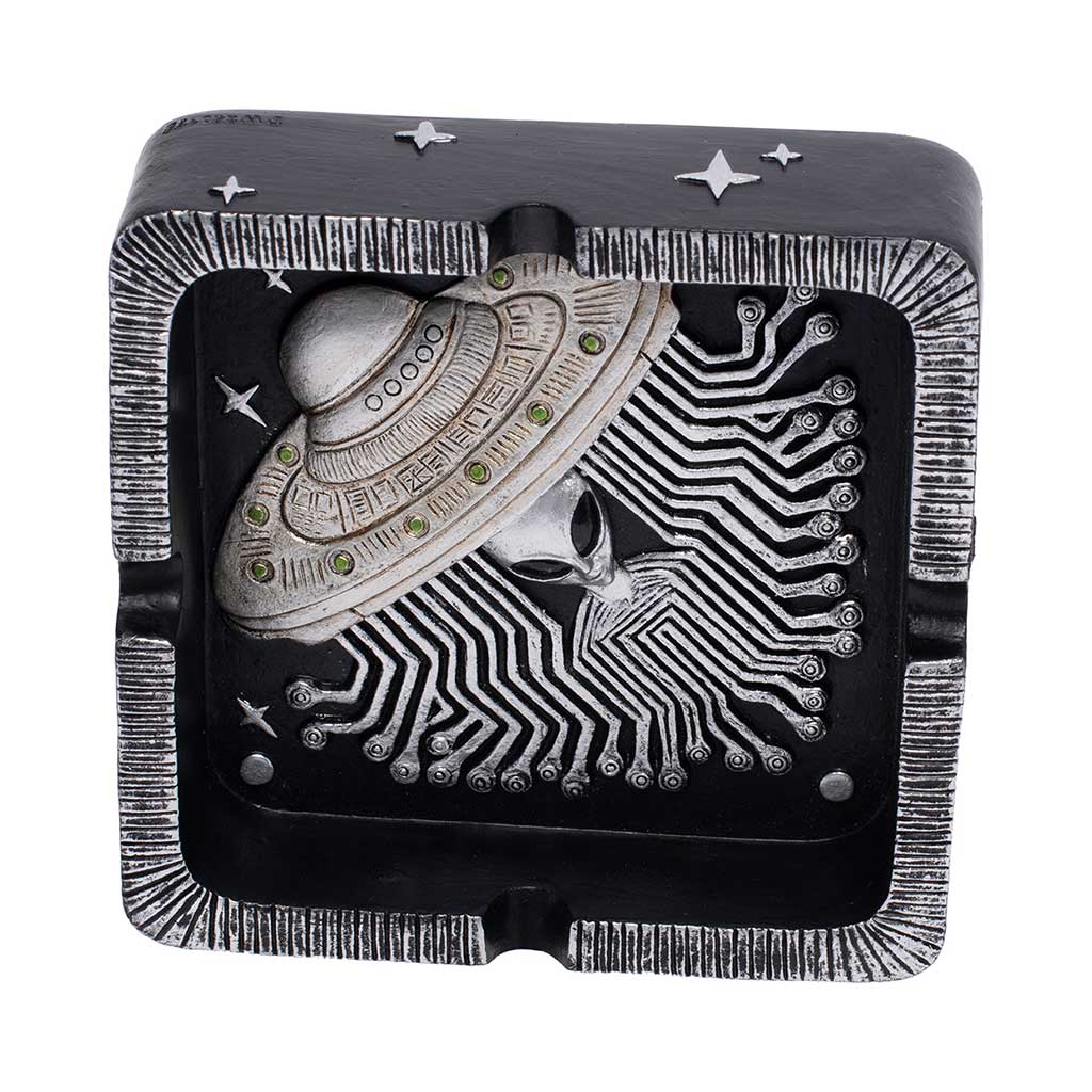 Side view of the Silver UFO Ashtray showing the square bowl and star accents on the rim