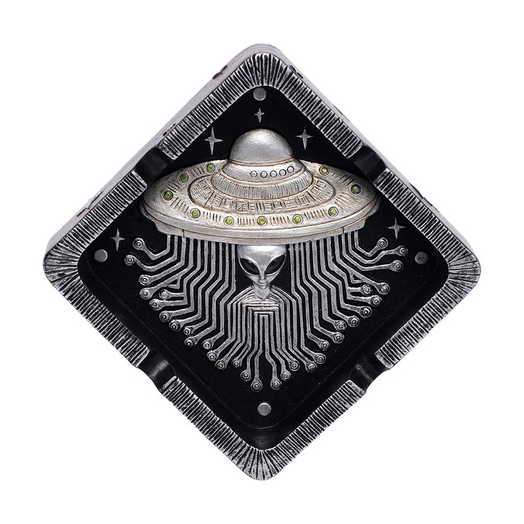 Top view of the Silver UFO Ashtray with a raised saucer, alien face, and circuit pattern
