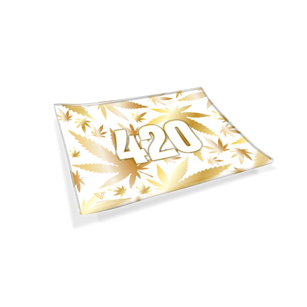 Medium gold 420 glass rolling tray with leaf pattern, angled view; shatter-resistant glass with raised rim