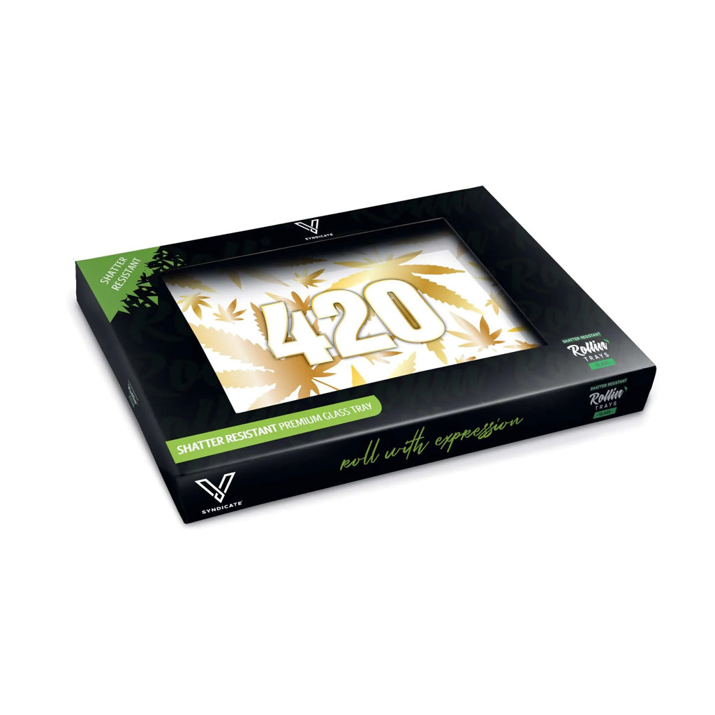  Medium gold 420 glass rolling tray displayed in a black retail box; shatter-resistant from Honeybee Herb
