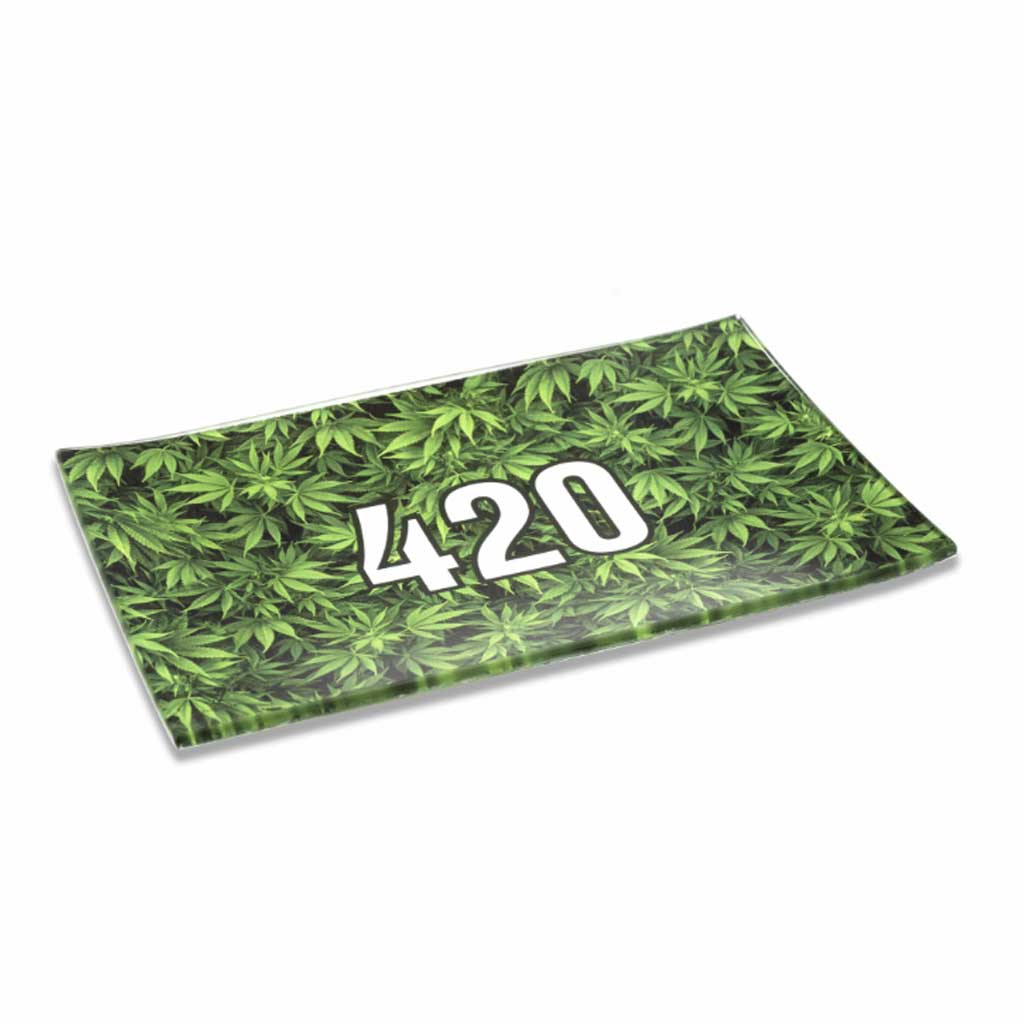  Medium green 420 glass rolling tray with leaf pattern, angled view; shatter-resistant glass with raised rim