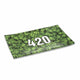  Medium green 420 glass rolling tray with leaf pattern, angled view; shatter-resistant glass with raised rim