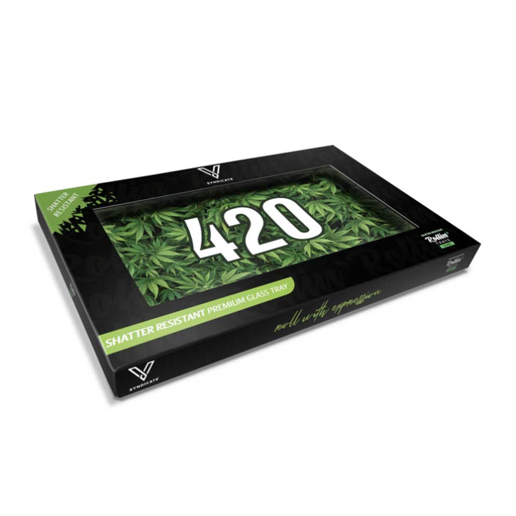 Medium green 420 glass rolling tray displayed in a black retail box; shatter-resistant from Honeybee Herb