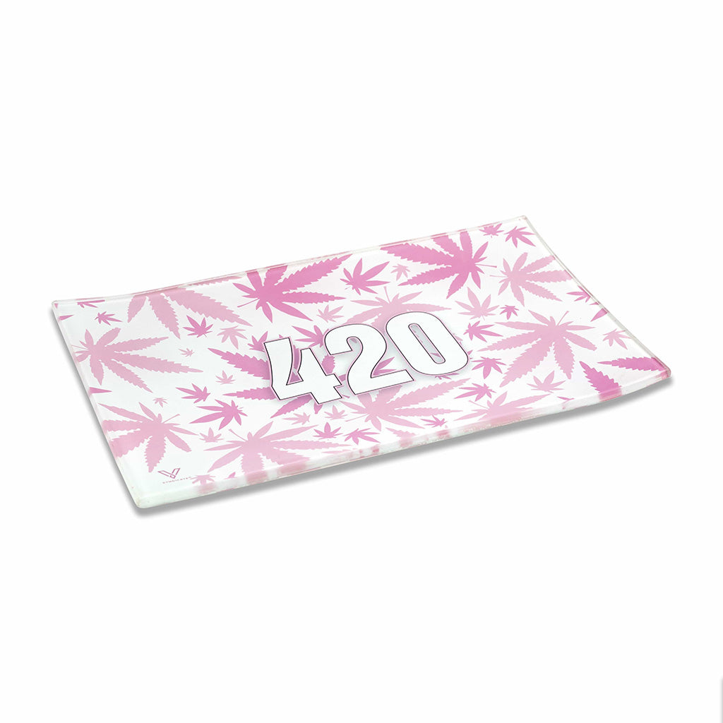  Medium pink 420 glass rolling tray with pink leaf pattern, angled view; shatter-resistant glass with raised rim