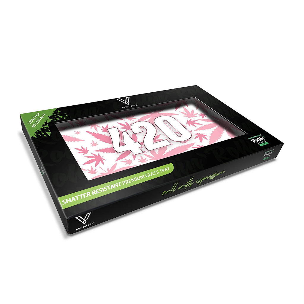 Medium pink 420 glass rolling tray displayed in a black retail box; shatter-resistant from Honeybee Herb 