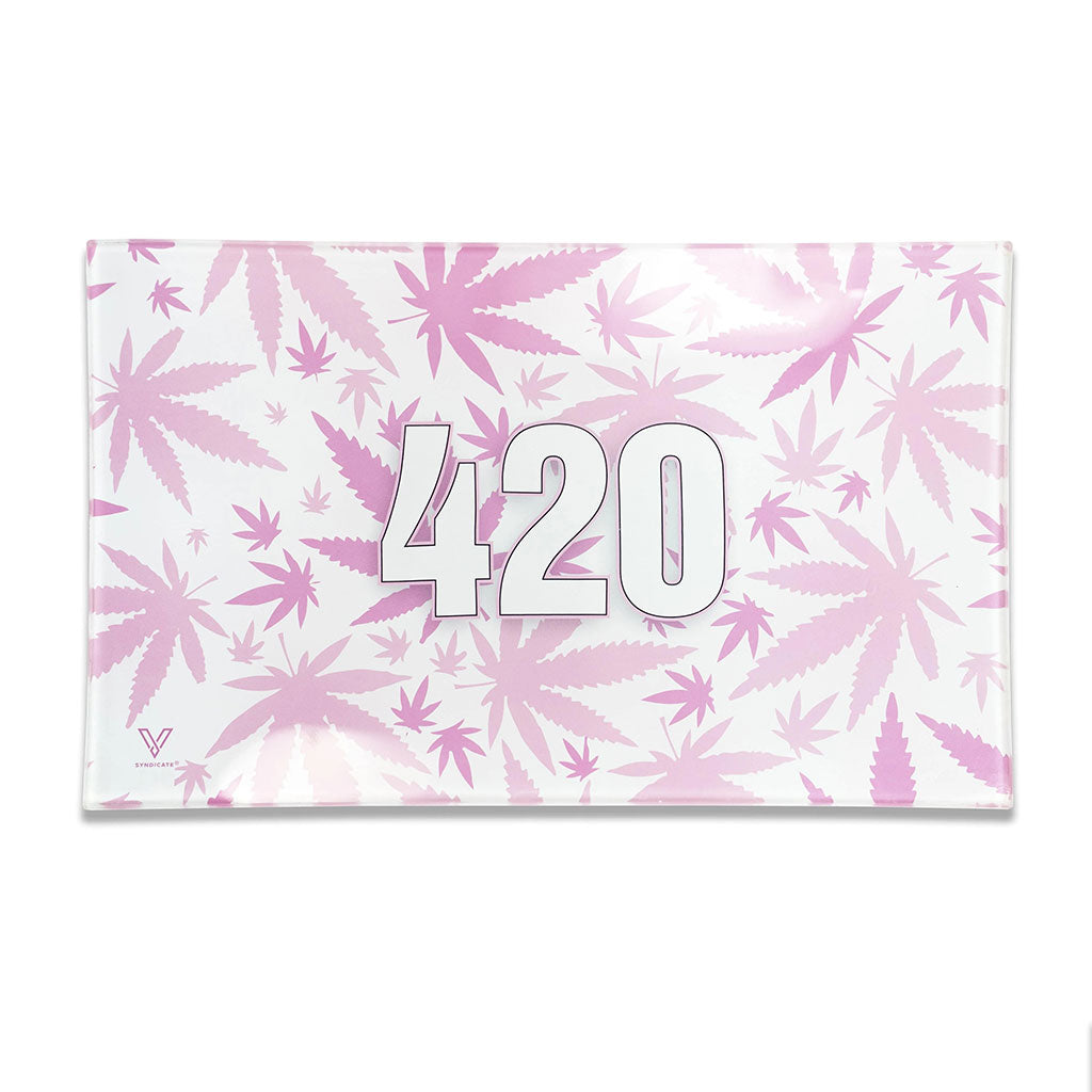 Top view of medium 420 glass rolling tray featuring pink leaf pattern and large 420 graphic; smooth, easy-clean