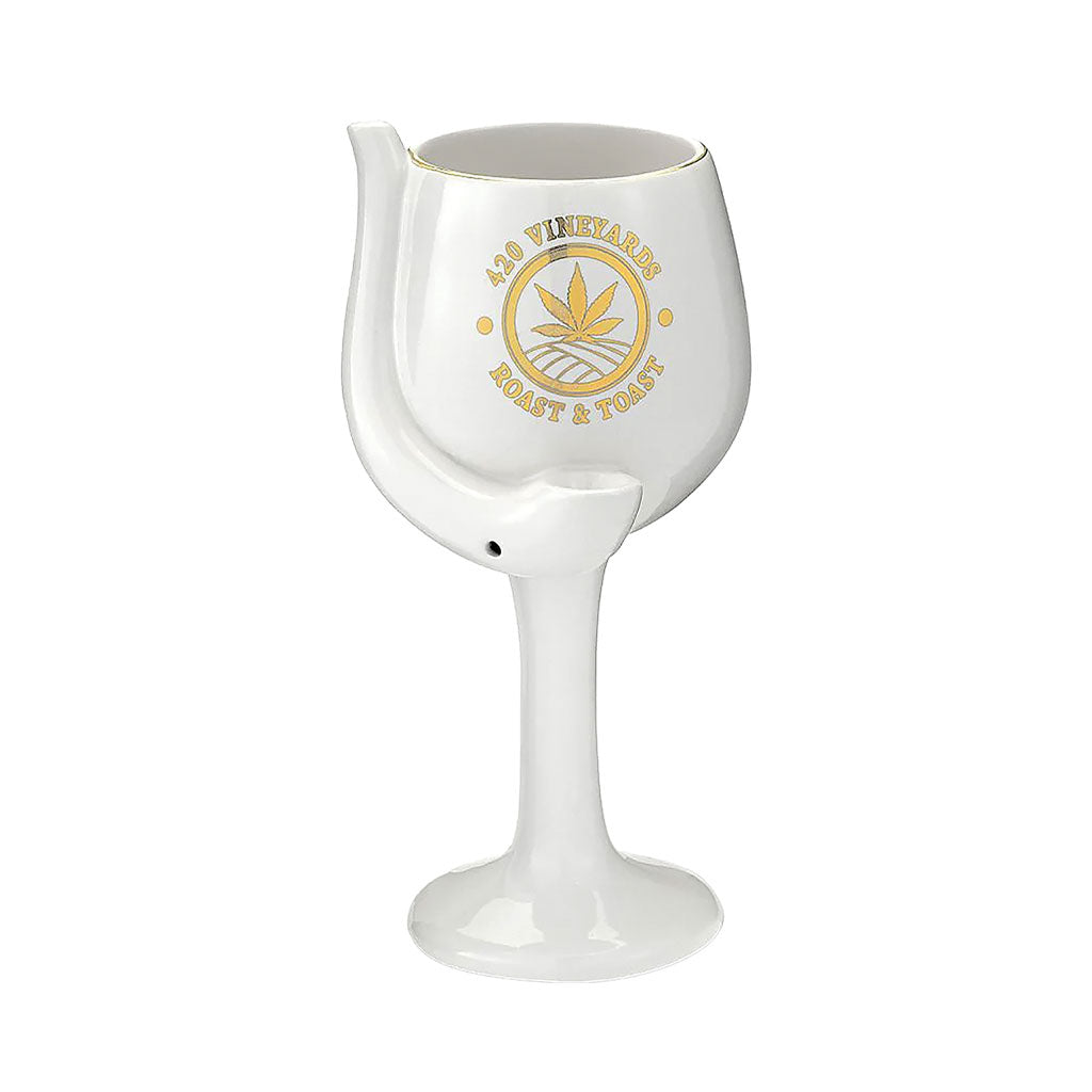 White 420 Vineyards Roast and Toast ceramic wine glass pipe with glossy finish, gold rim, gold leaf artwork, curved pipe stem, front bowl, and carb hole