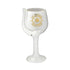 White 420 Vineyards Roast and Toast ceramic wine glass pipe with glossy finish, gold rim, gold leaf artwork, curved pipe stem, front bowl, and carb hole