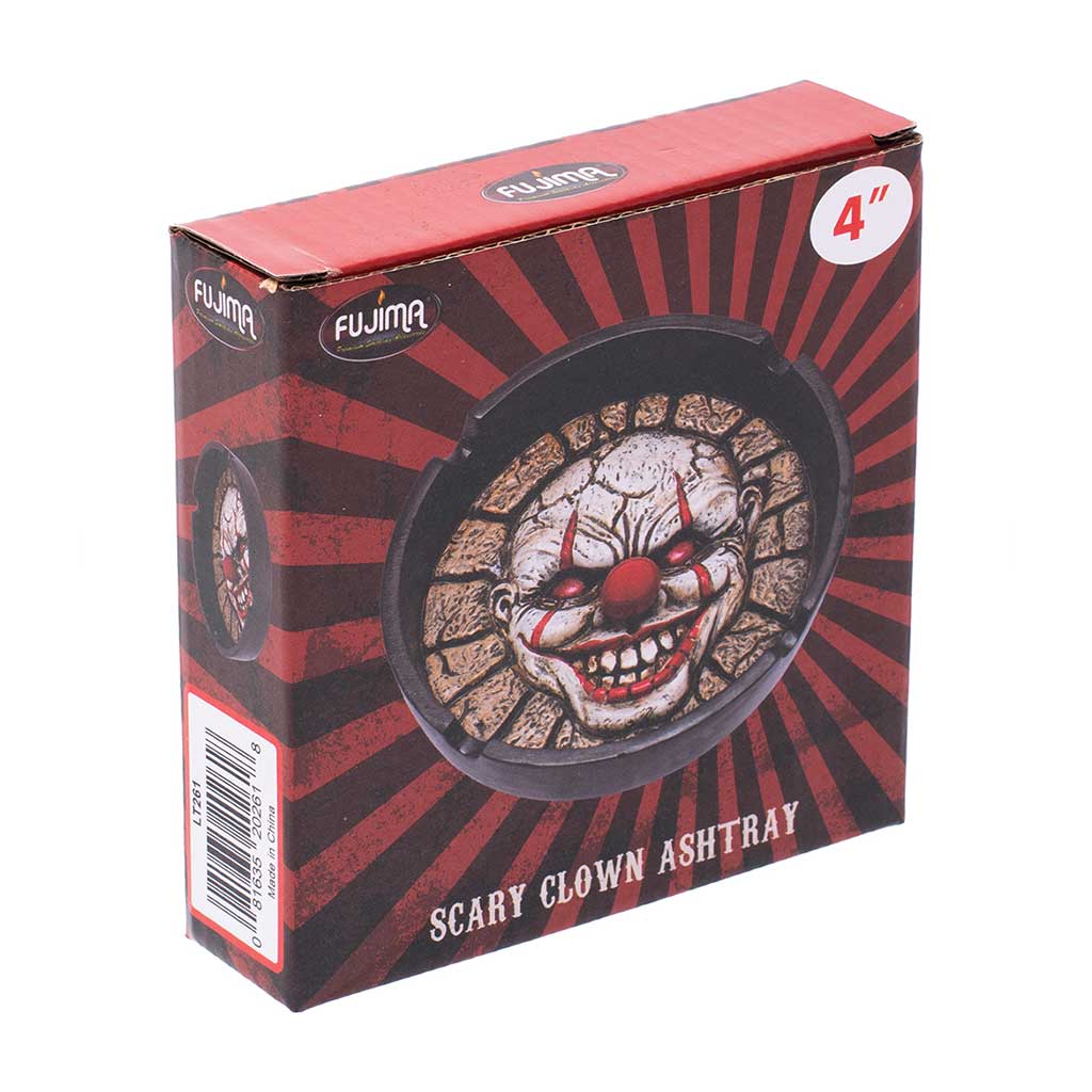 Retail box for the Scary Clown Ashtray 4 inch with red burst artwork and Fujima branding