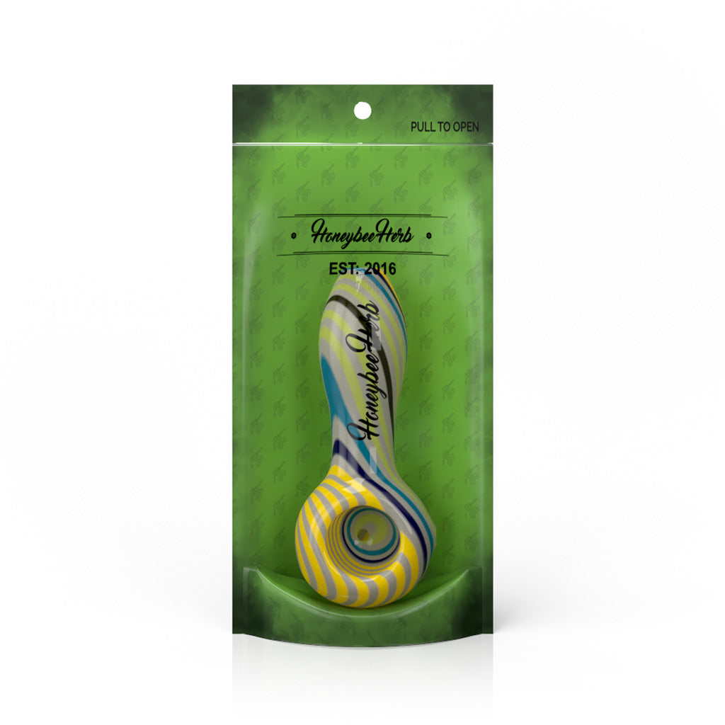 4-Inch Green-Sand Vibrant  Linework Twist Spoon Pipe Packaging View By Honeybee Herb