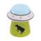 Front view of the UFO Cow Stash Jar with lime green base and blue saucer lid