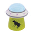 Front view of the UFO Cow Stash Jar with lime green base and blue saucer lid
