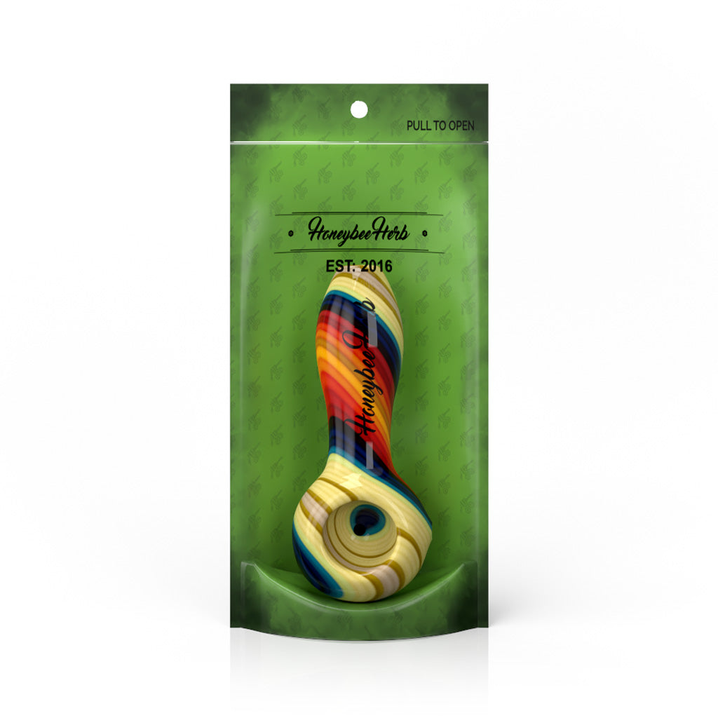 4-Inch Orange-Twist Vibrant  Linework Twist Spoon Pipe Packaging View By Honeybee Herb