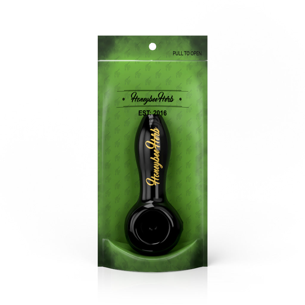 4-Inch Black Original Hand Pipe Spoon Packaging View By Honeybee Herb
