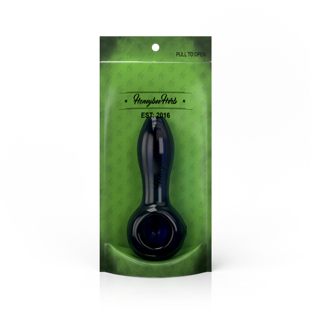 4-Inch Blue Original Hand Pipe Spoon Packaging View By Honeybee Herb