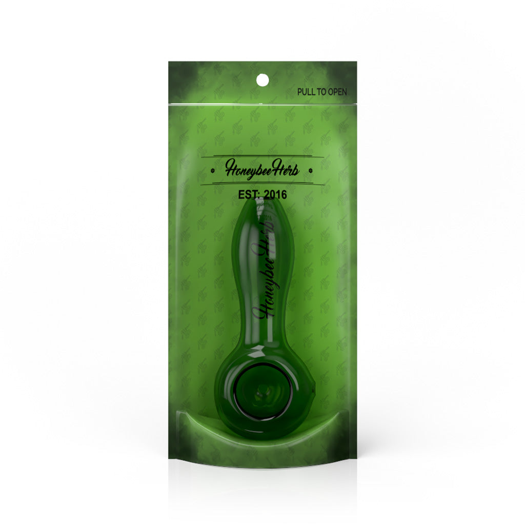4-Inch Green Original Hand Pipe Spoon Packaging View By Honeybee Herb