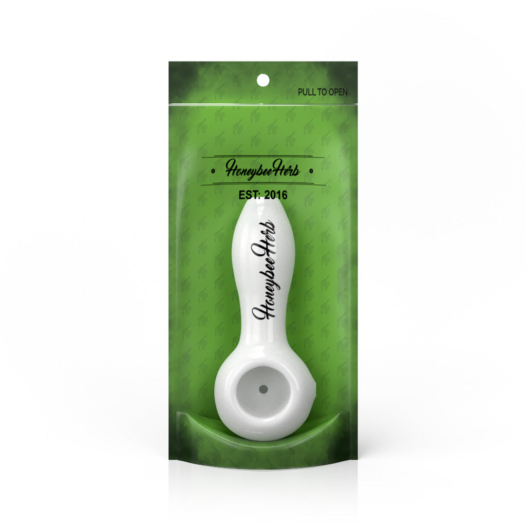 4-Inch White Original Hand Pipe Spoon Packaging View By Honeybee Herb