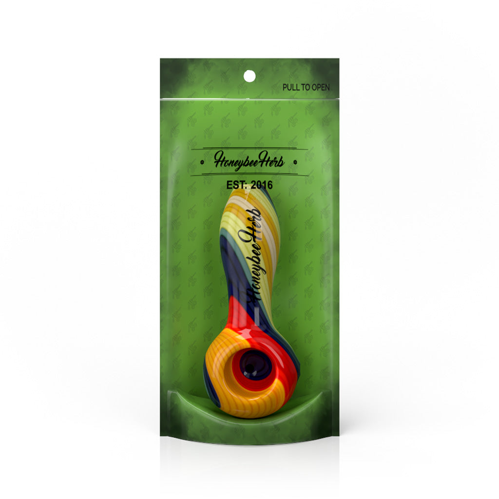 4-Inch Sand-Fire Vibrant  Linework Twist Spoon Pipe Packaging View By Honeybee 