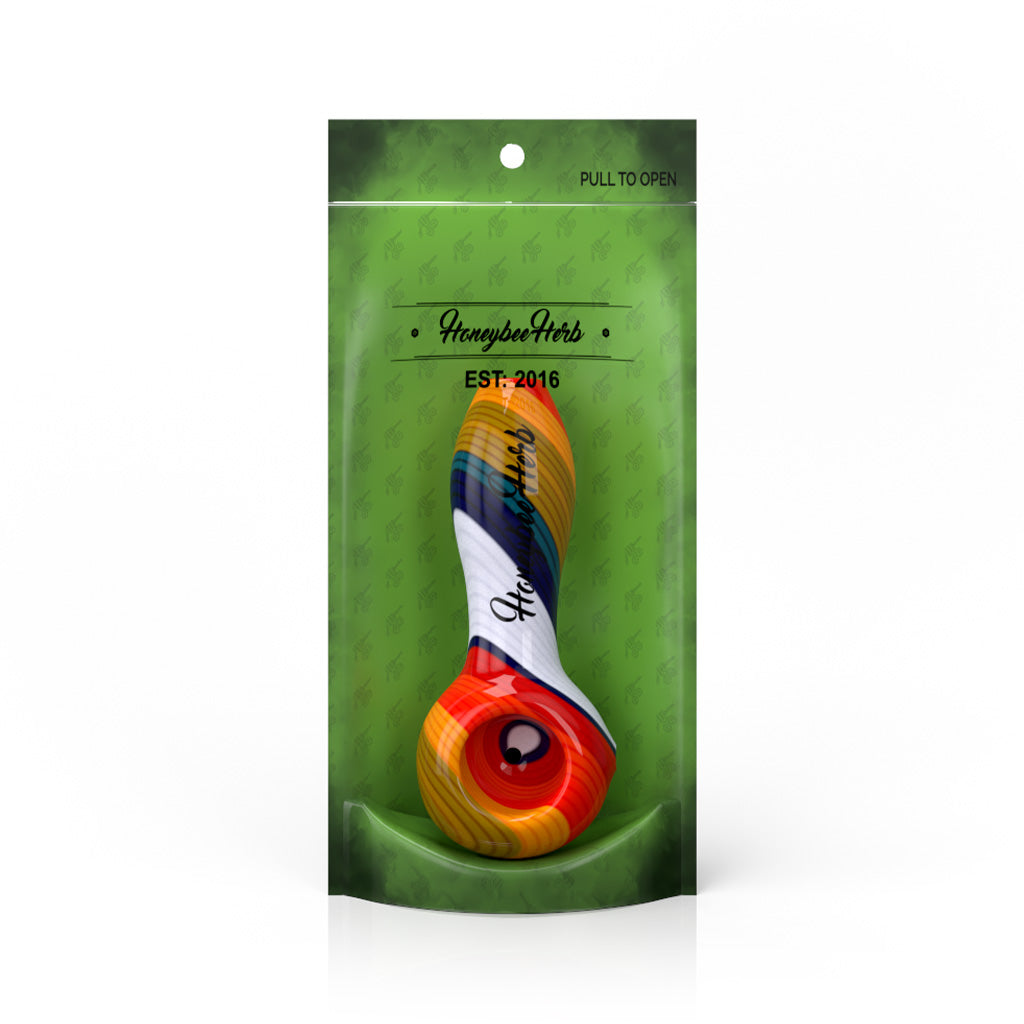 4-Inch White-Flame Vibrant  Linework Twist Spoon Pipe Packaging View By Honeybee Herb