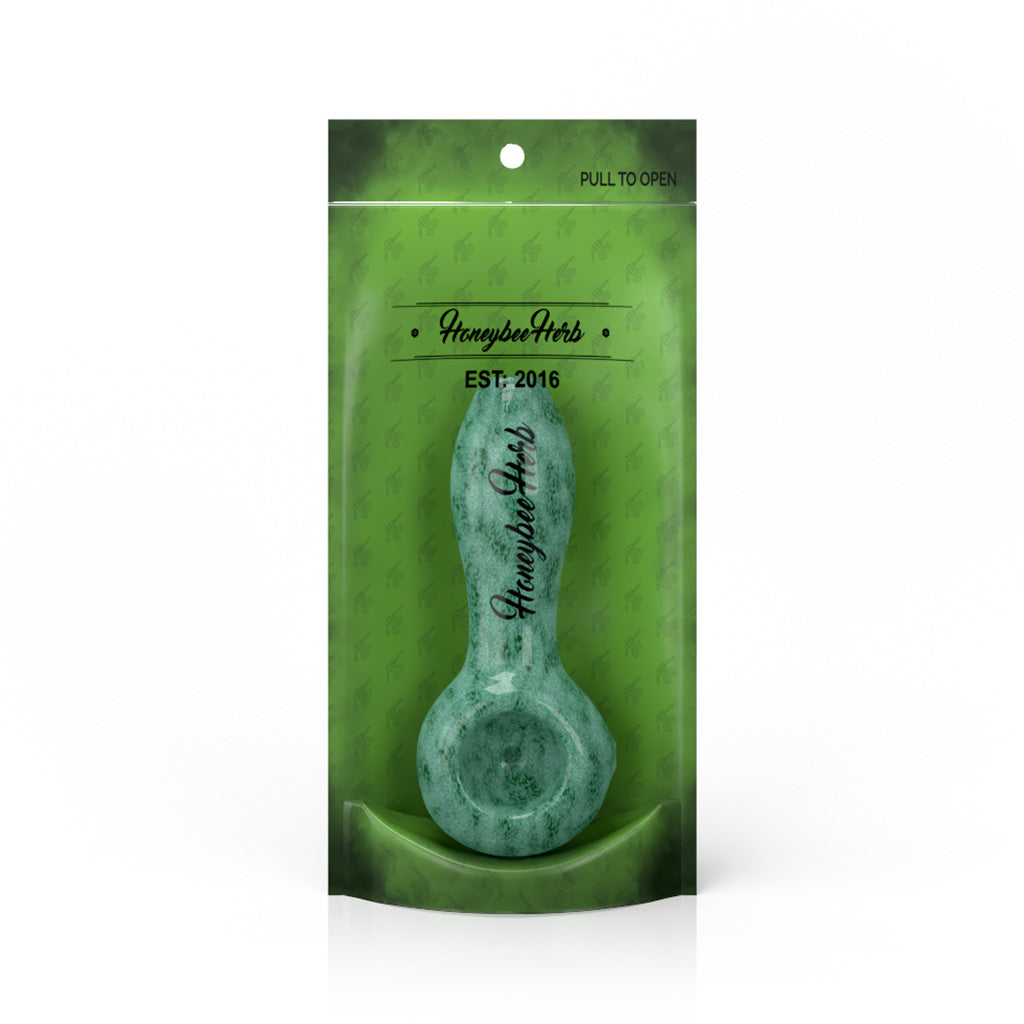 4-Inch Green Haze Frit Speckled Spoon Pipe Packaging View Available At Honeybee Herb