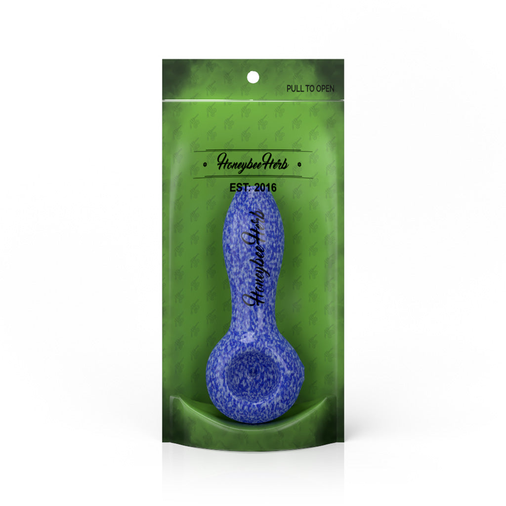 4-Inch Indigo Haze Frit Speckled Spoon Pipe Packaging View Available At Honeybee Herb