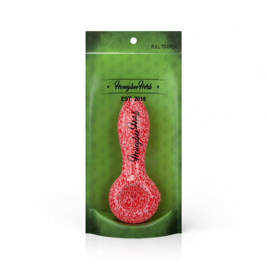 4-Inch Red Haze Frit Speckled Spoon Pipe Packaging View Available At Honeybee Herb