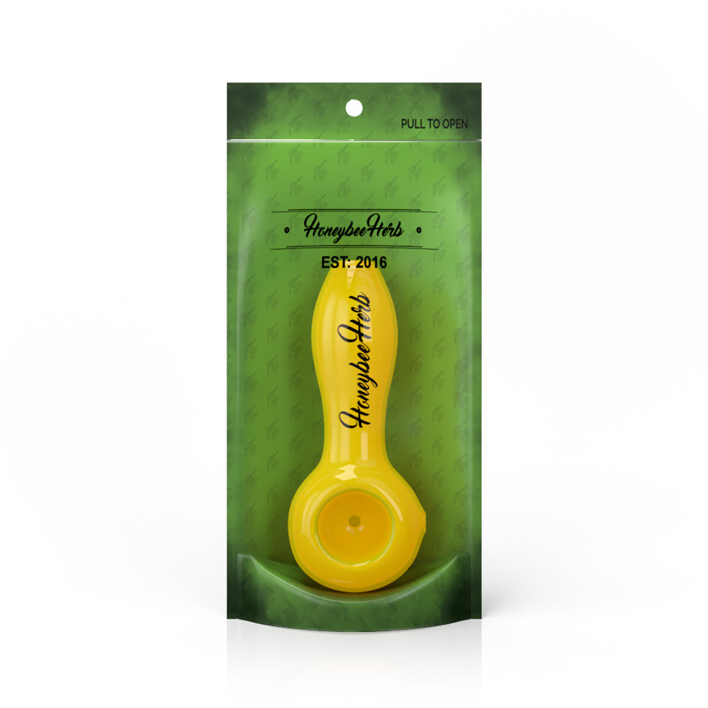 4-Inch Yellow Haze Frit Speckled Spoon Pipe Packaging View Available At Honeybee Herb
