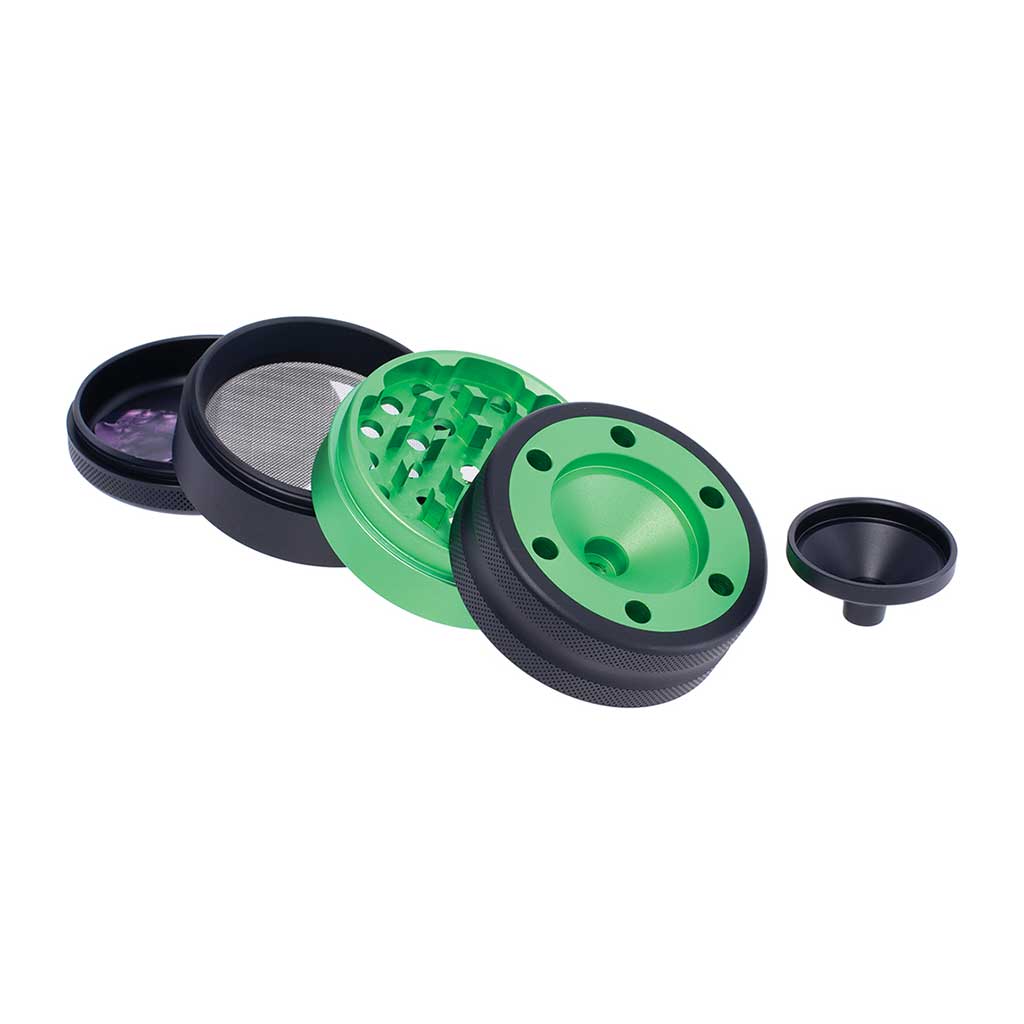 Buy The Best 4-Part Aluminium Green Grinder With Cone Holder & Funnel At HBH Buzz Shop