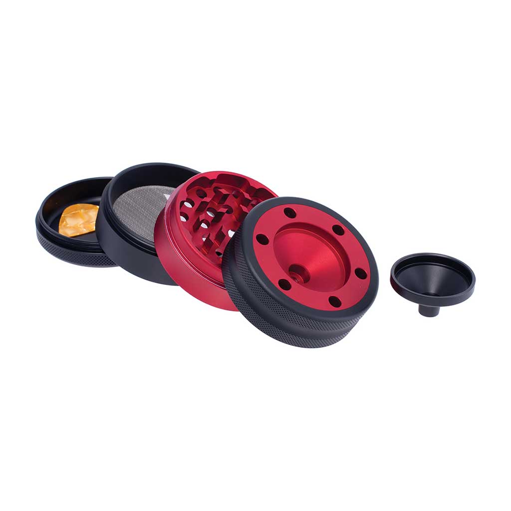 Buy The Best 4-Part Aluminium Red Grinder With Cone Holder & Funnel At HBH Buzz Shop