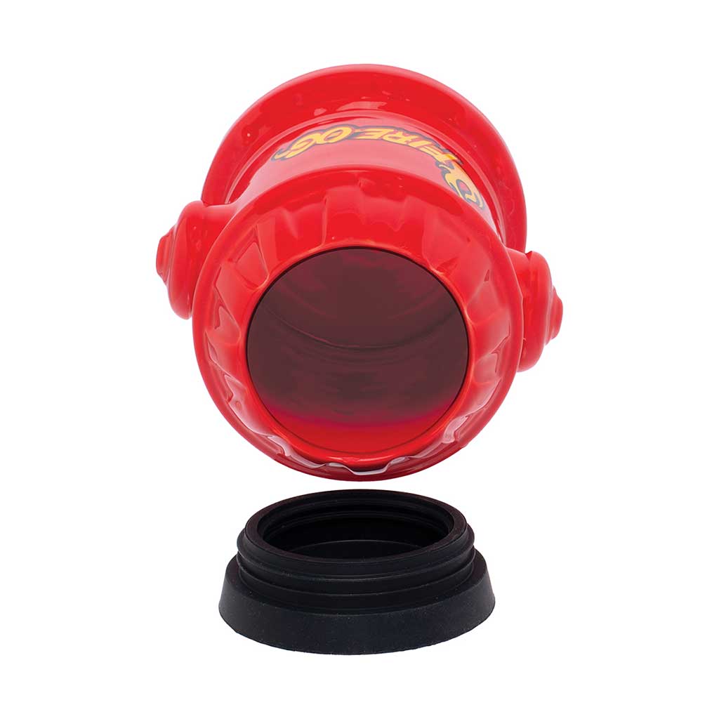 Red Fire Hydrant stash jar shown open with the twist-on black lid removed, revealing the wide mouth.