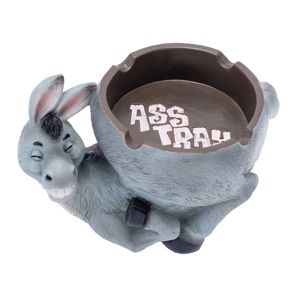 Gray resin donkey Ass Tray ashtray at an angle, three-notch rests, and a cheeky grin visible. 