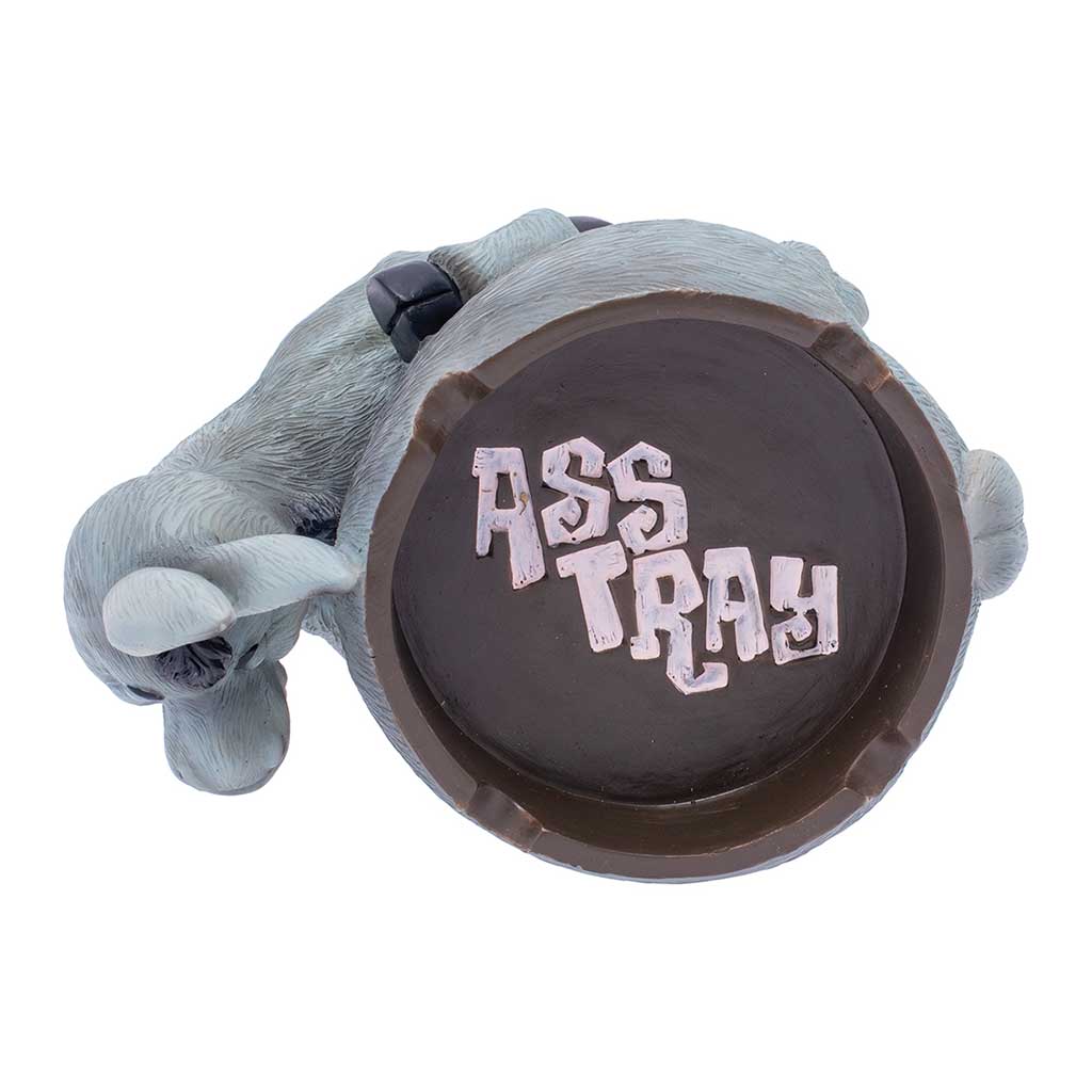 Top-down view of the gray donkey Ass Tray ashtray showing the brown bowl with raised lettering.