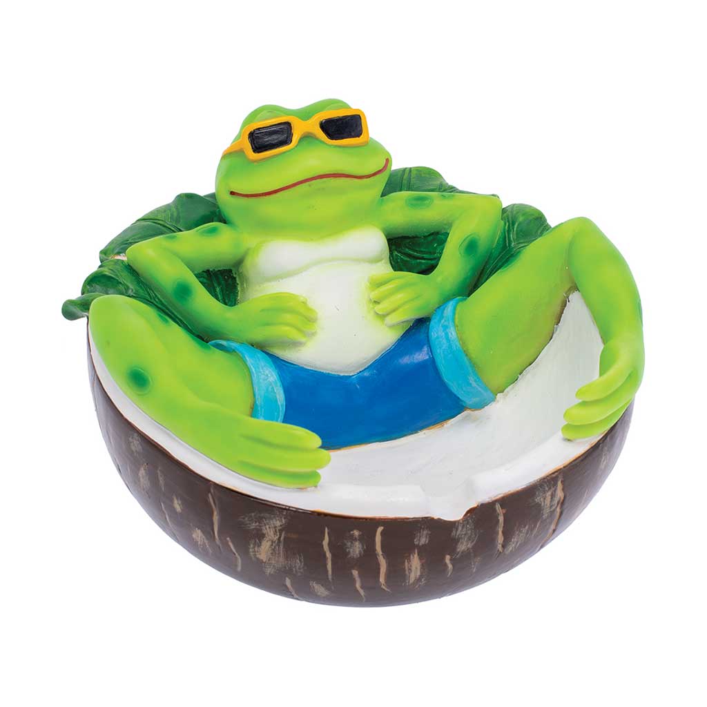 Green frog lounging in a coconut shell ashtray; deep white bowl with notch rests, angled view.