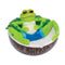 Green frog lounging in a coconut shell ashtray; deep white bowl with notch rests, angled view.