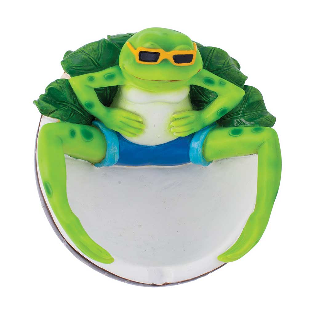 Top view of the Chilling Green Frog resin ashtray with sunglasses and a white coconut bowl.