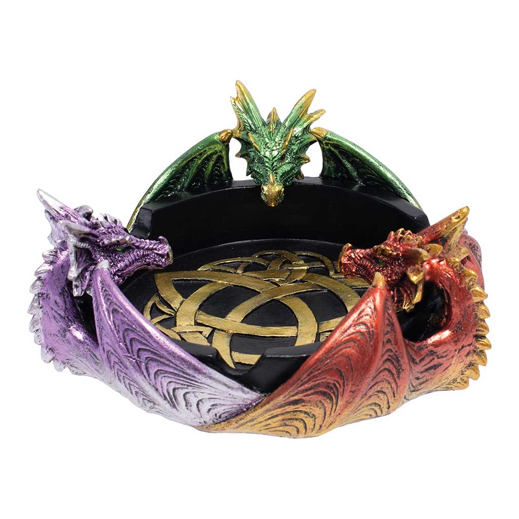 Tri-Color Triple Dragon Ashtray with green top dragon forward and purple and red wings wrapped around.