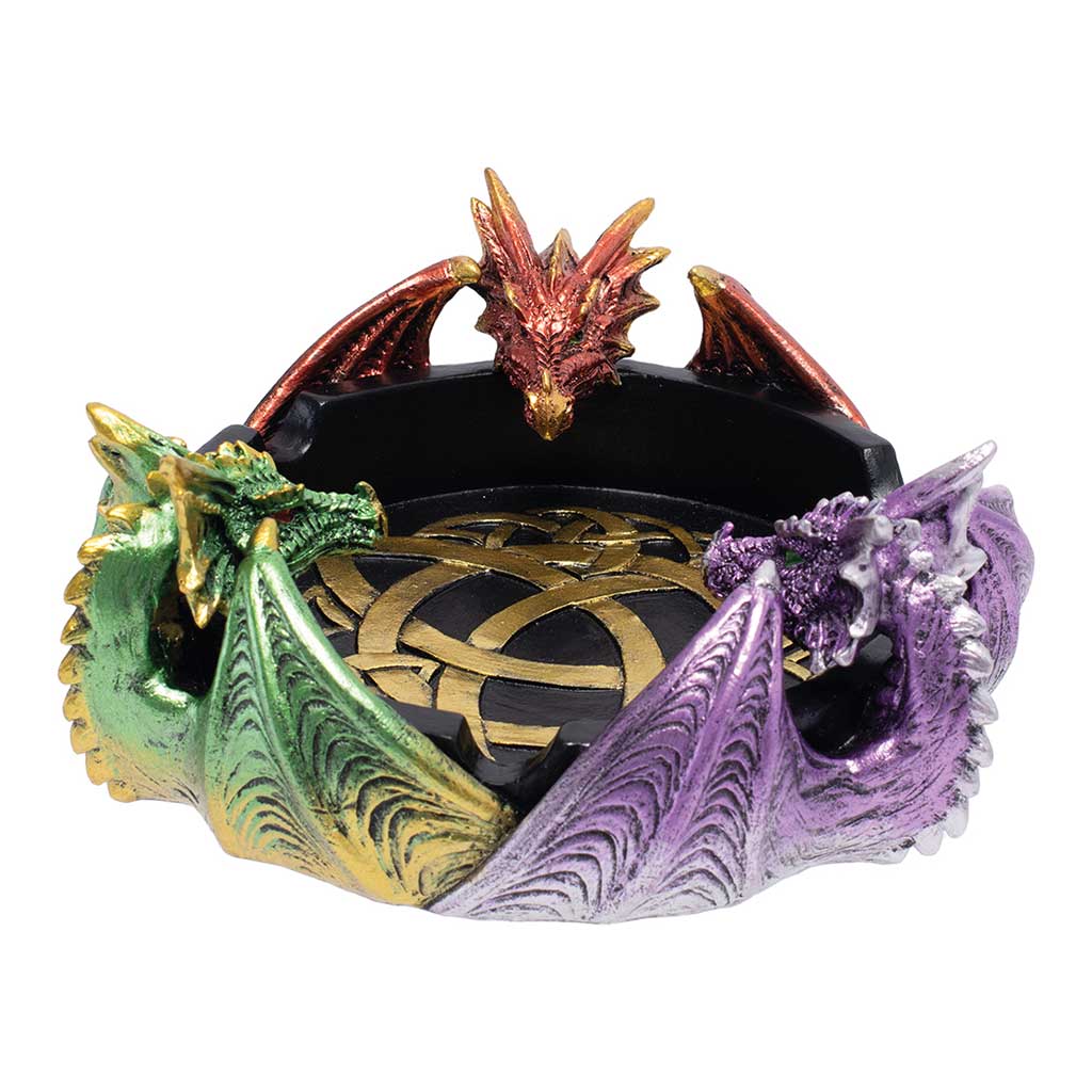 Tri-Color Triple Dragon Ashtray in resin with red top dragon and a gold Celtic knot base