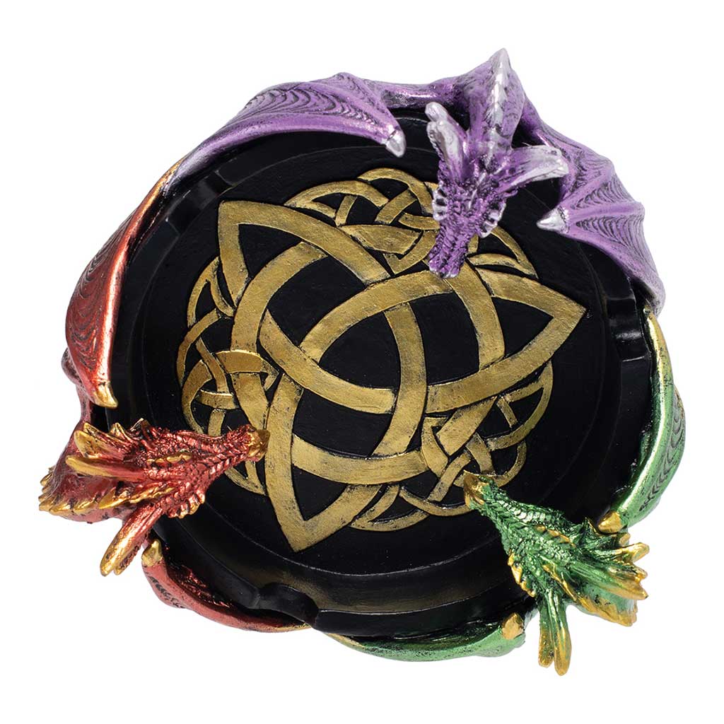 Top view of the Tri-Color Triple Dragon Ashtray displaying the gold Celtic knot interior